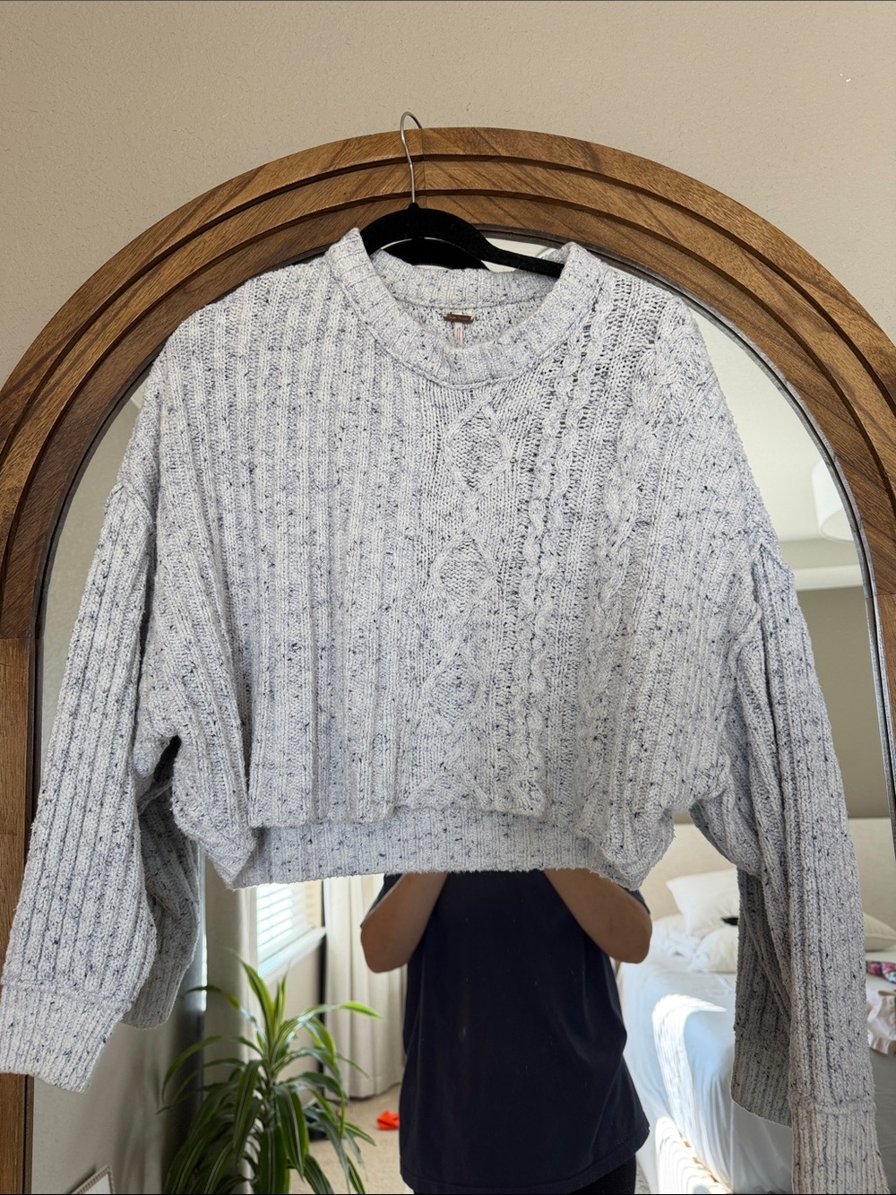 Free People Speckled Light Gray Cropped Cable Knit Sweater